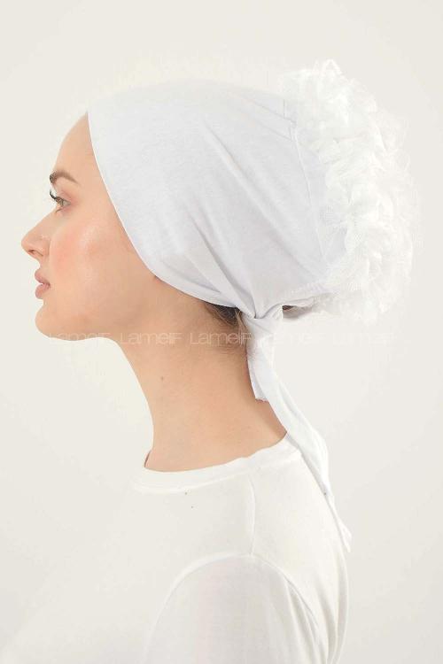 Lamelif Dikişsiz Bağlamalı fırfırlı Bone Beyaz