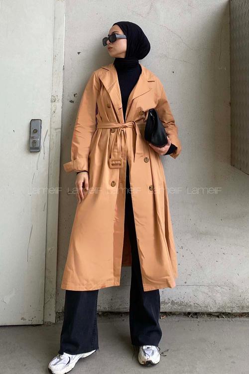 Lamelif Önü Düğmeli Belden Bağlamalı Trenç Koyu Bej