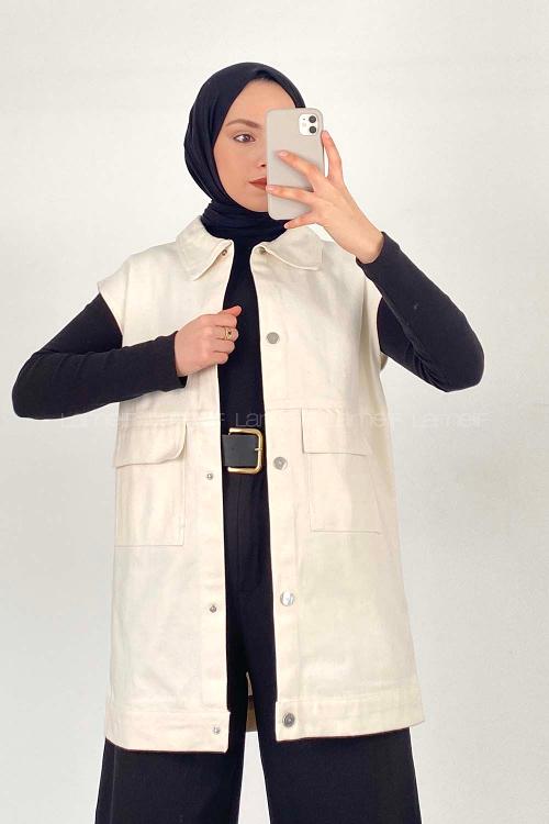 Lamelif Önü Çıtçıt Düğmeli Yelek Krem