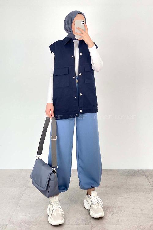 Lamelif Önü Çıtçıt Düğmeli Yelek Lacivert