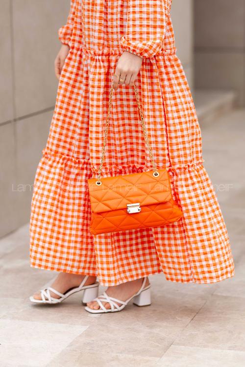 Lamelif  Zincir Askılı Nakışlı Omuz Çantası Oranj