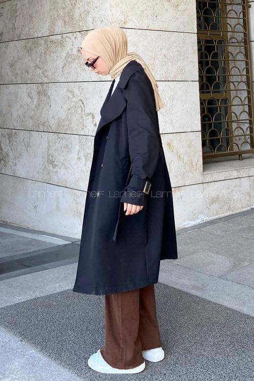 Lamelif Klasik Kuşaklı Trenç Siyah