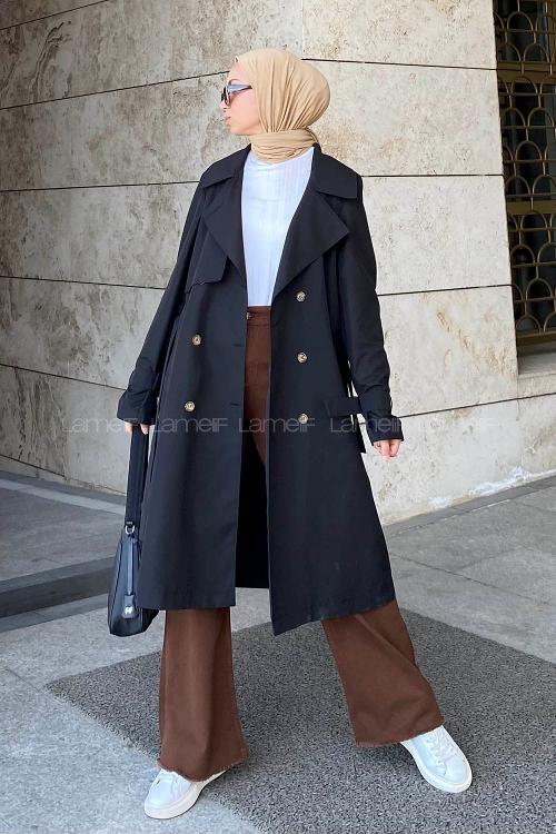 Lamelif Klasik Kuşaklı Trenç Siyah