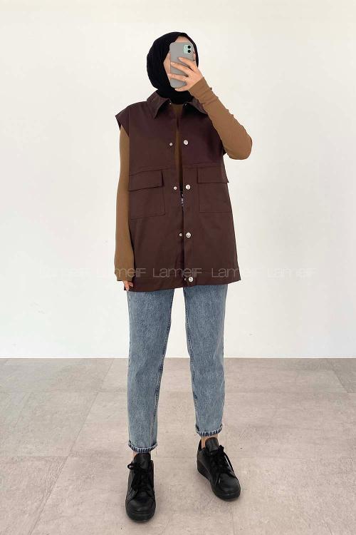 Lamelif Önü Çıtçıt Düğmeli Yelek Kahverengi