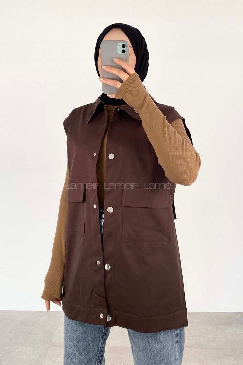 Lamelif Önü Çıtçıt Düğmeli Yelek Kahverengi