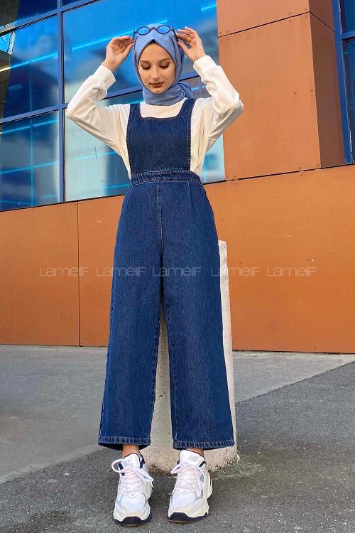 Lamelif Koyu Mavi Tesettür Model Kot Tulum