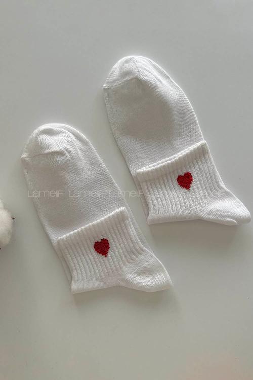 Lamelif Kalp Nakış İşlemeli Beyaz Tenis Çorap