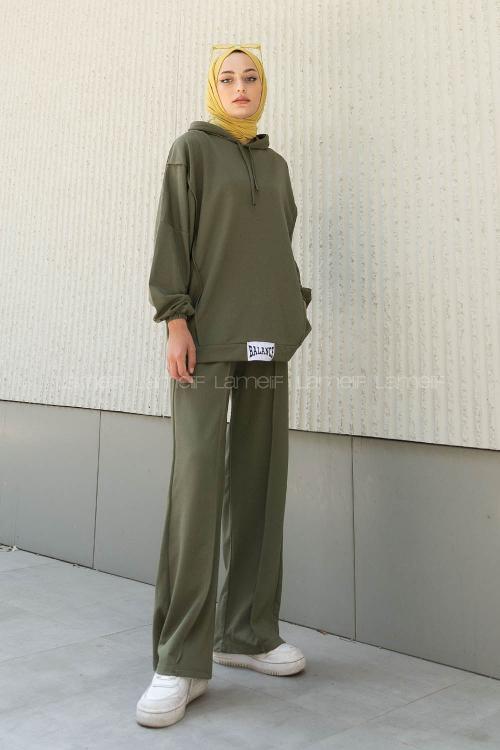 Lamelif Balance Armalı Çımalı İkili Tesettür Takım Haki