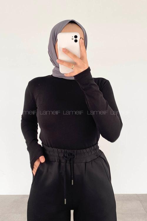 Lamelif Balıkçı Yaka Fitilli Body Siyah