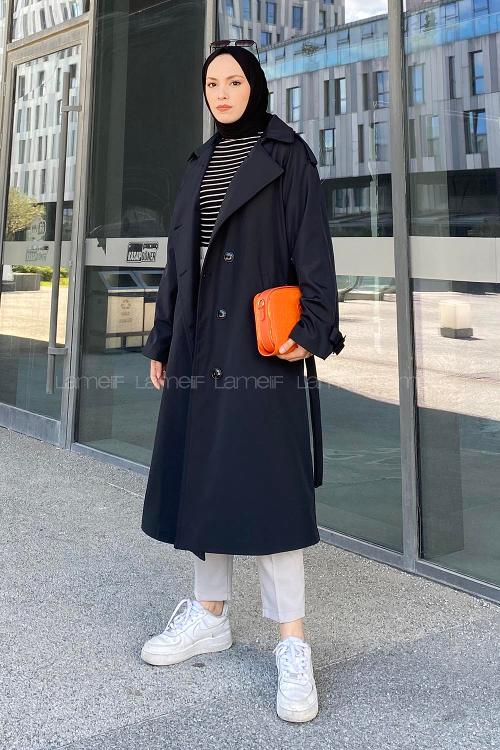 Lamelif Reglan Kol Düğmeli Trenç Siyah