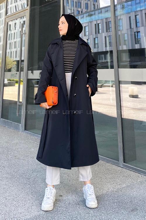 Lamelif Reglan Kol Düğmeli Trenç Siyah