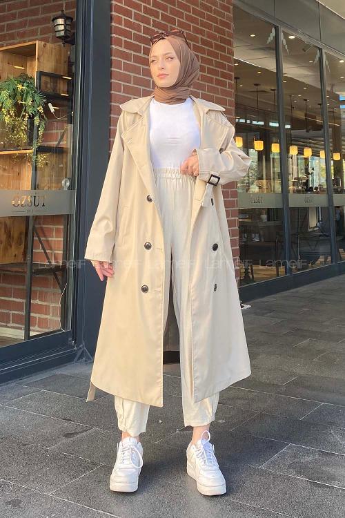 Lamelif Reglan Kol Düğmeli Trenç Taş Rengi