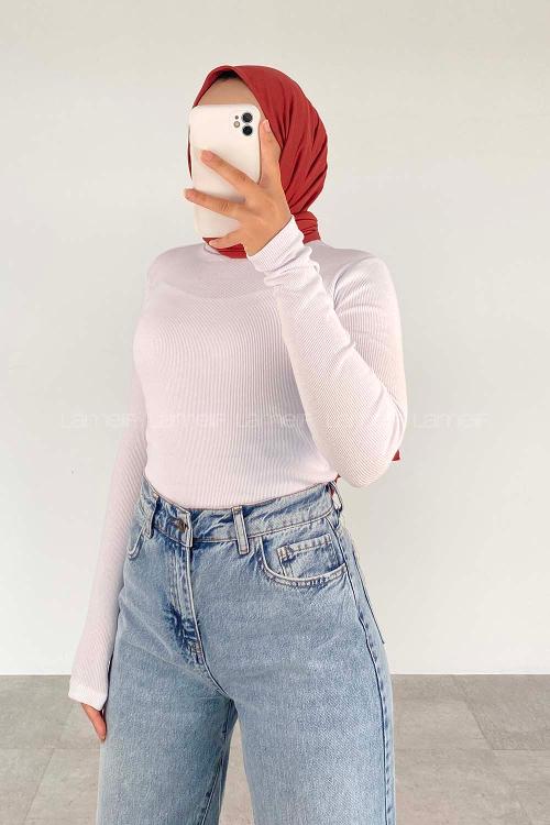 Lamelif Balıkçı Yaka Fitilli Body Beyaz