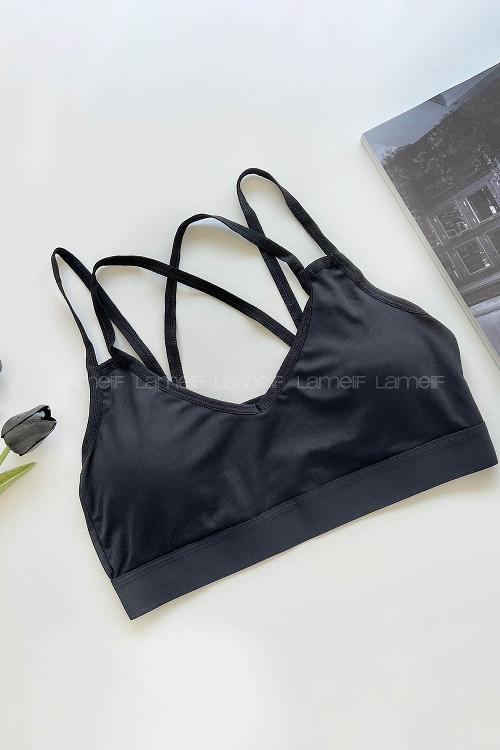 Lamelif Sırttan Çapraz Askılı Pedli Sporcu Sütyen Siyah Renk