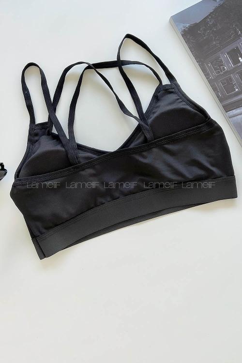 Lamelif Sırttan Çapraz Askılı Pedli Sporcu Sütyen Siyah Renk