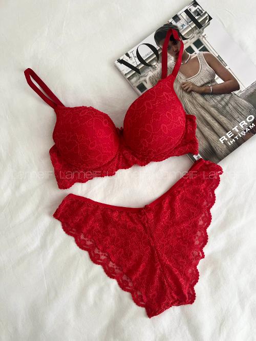 Lamelif Dantelli Destekli Sütyen Takım Kırmızı Renk