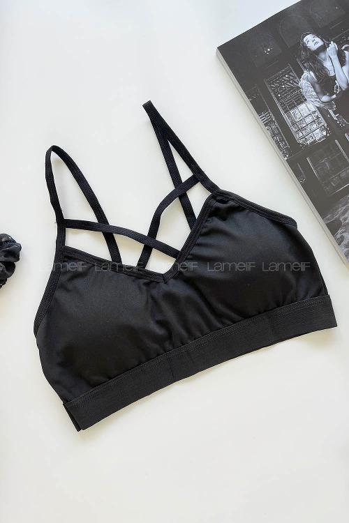 Lamelif Önü Çapraz Askılı Pedli Sporcu Sütyen Siyah Renk