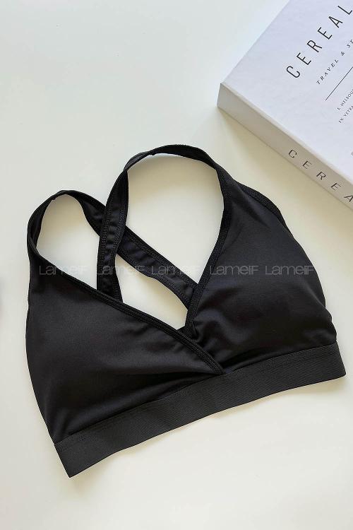Lamelif Sırt Çapraz Askılı Pedli Sporcu Sütyen Siyah Renk