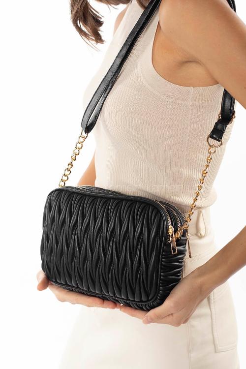 Lamelif Kadın Çok Bölmeli Kapitone Çapraz Çanta Siyah