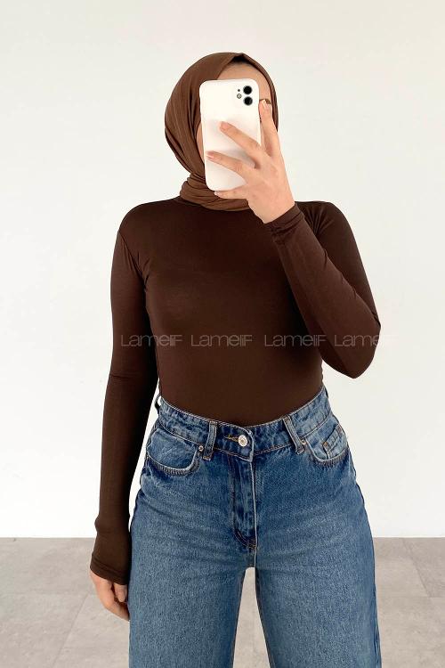 Lamelif Yarım Balıkçı Yaka Düz Renk Body Acı Kahve