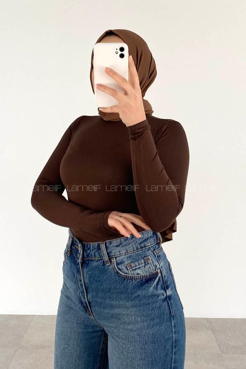 Lamelif Yarım Balıkçı Yaka Düz Renk Body Acı Kahve