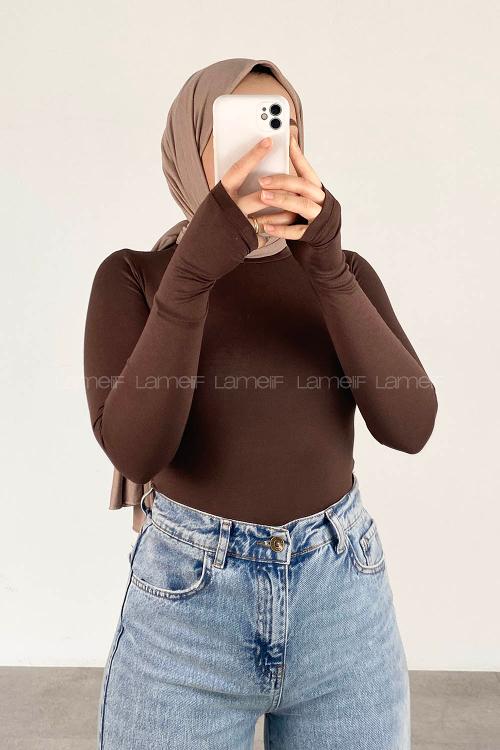 Lamelif Eldiven Detaylı Body Acı Kahve