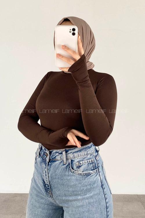 Lamelif Eldiven Detaylı Body Acı Kahve