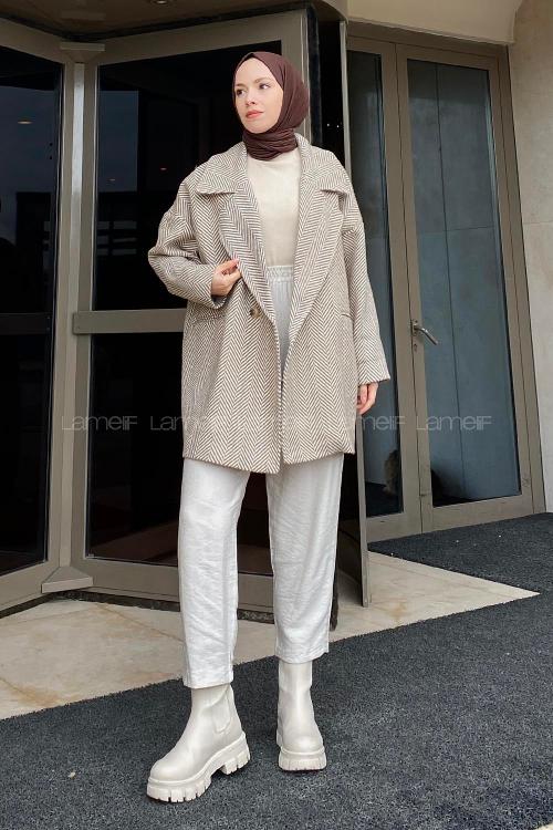 Modalamelif Zikzak Desen Balık Sırtı Kaban Bej