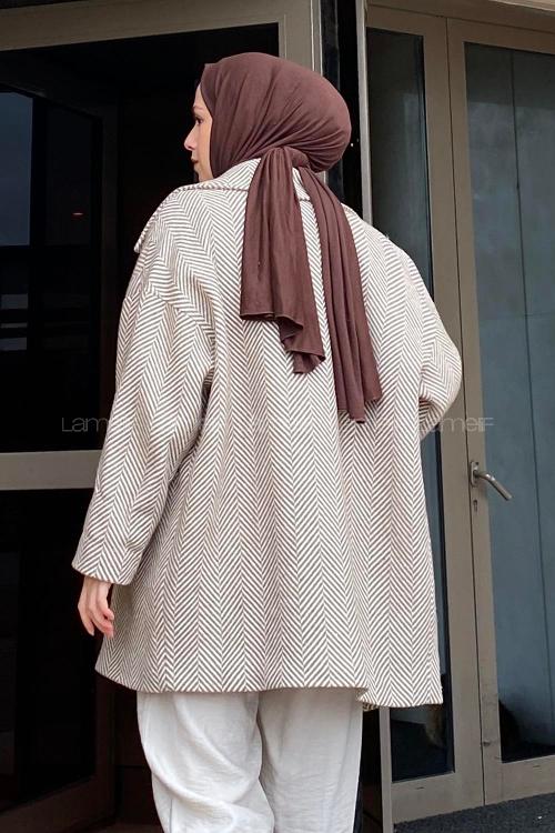 Modalamelif Zikzak Desen Balık Sırtı Kaban Bej