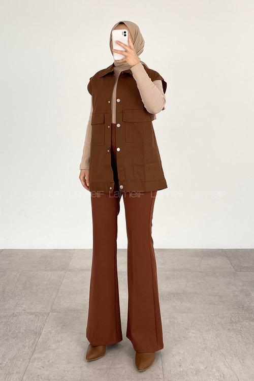 Lamelif Önü Çıtçıt Düğmeli Yelek Açık Kahve