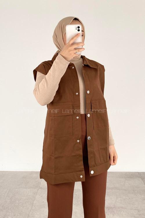 Lamelif Önü Çıtçıt Düğmeli Yelek Açık Kahve