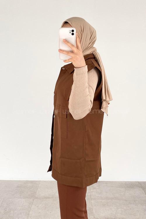 Lamelif Önü Çıtçıt Düğmeli Yelek Açık Kahve