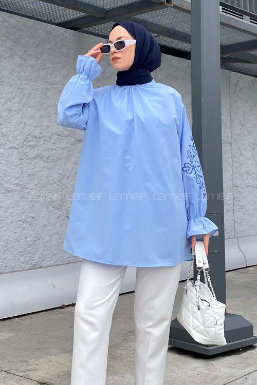 Lamelif Kol Baskılı Tunik Bebe Mavisi