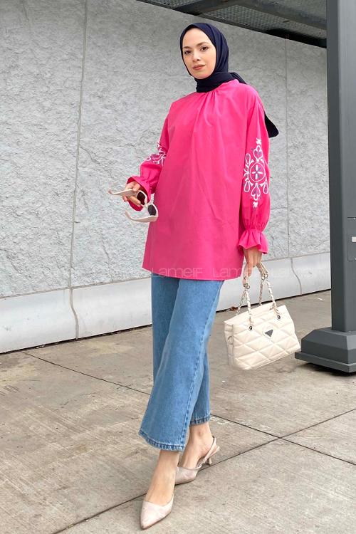Lamelif Kol Baskılı Tunik Fuşya