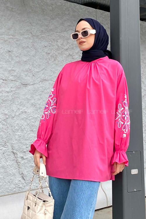 Lamelif Kol Baskılı Tunik Fuşya