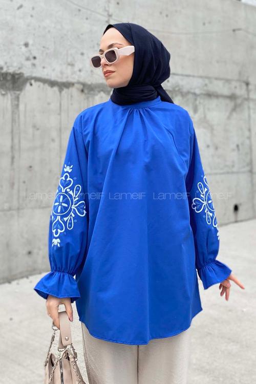 Lamelif Kol Baskılı Tunik Saks Mavisi