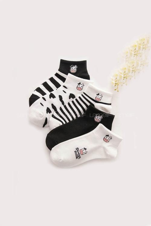 Lamelif İnek Desen 5 Çift Yarım Kolej Çorap Seti