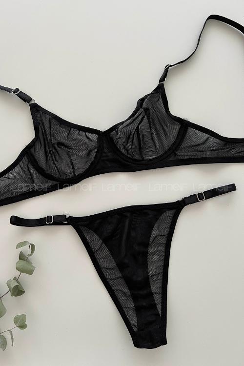 Lamelif Balenli Destekli Tül Siyah Takım