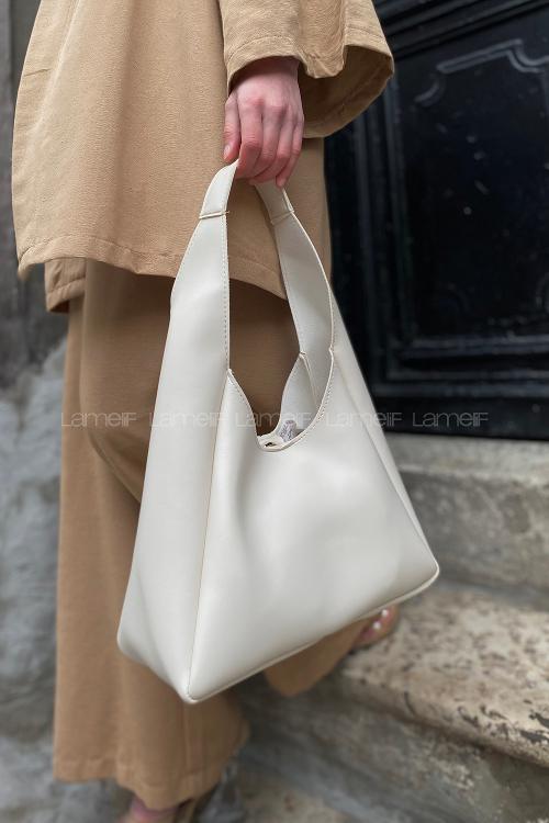 Lamelif Omuz Askılı Deri Görünümlü Kadın Çanta Krem