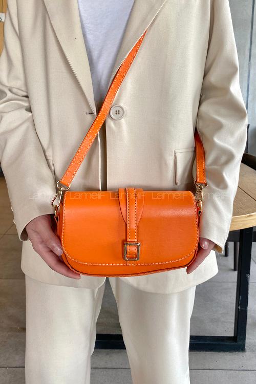 Orange Buckle Skin Hand Bag Bag