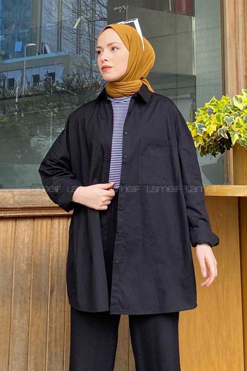 Black Shirt Collar Long Arm Cotton Unprinted Shirt