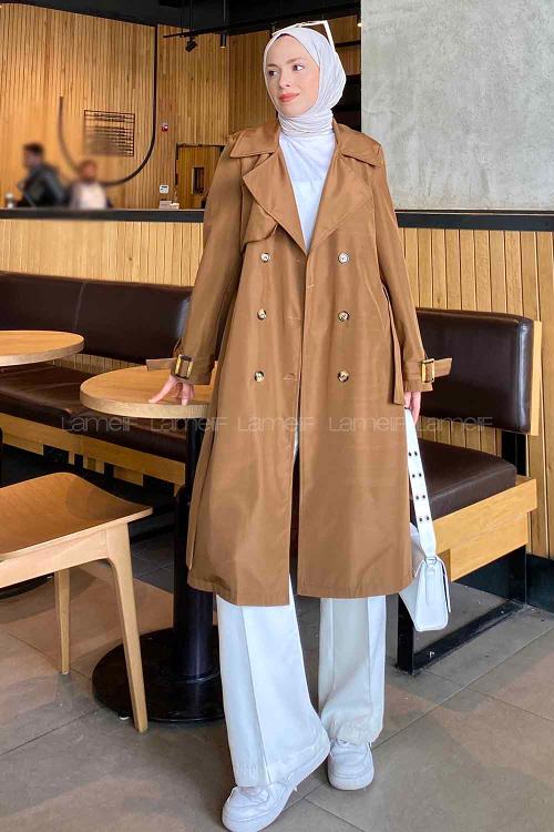 Tan Long Arm Belted Cotton Trench Coat