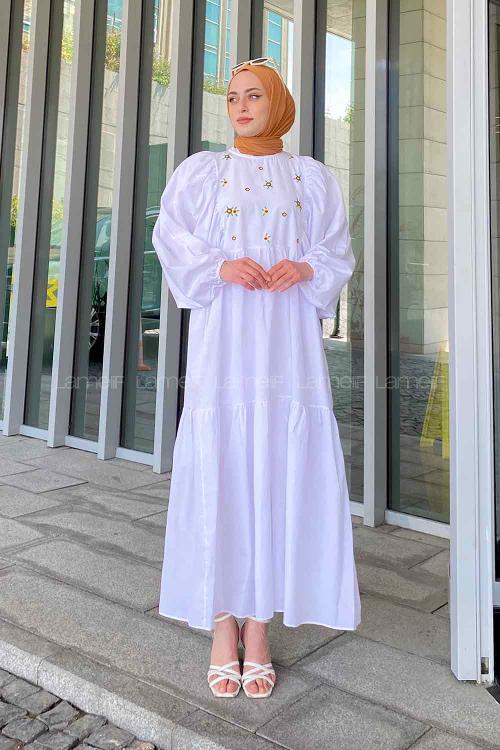 Lamelif Elica Tesettür Elbise Beyaz