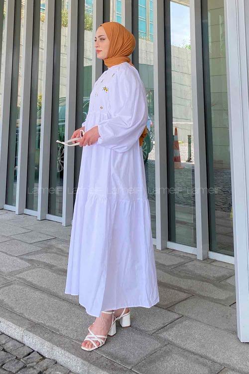 Lamelif Elica Tesettür Elbise Beyaz