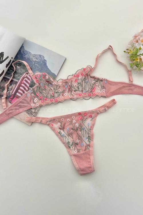 Lamelif Brode Nakışlı Çiçekli Takım Pudra