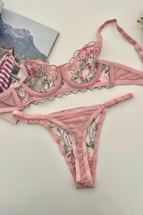 Lamelif Brode Nakışlı Çiçekli Takım Pudra