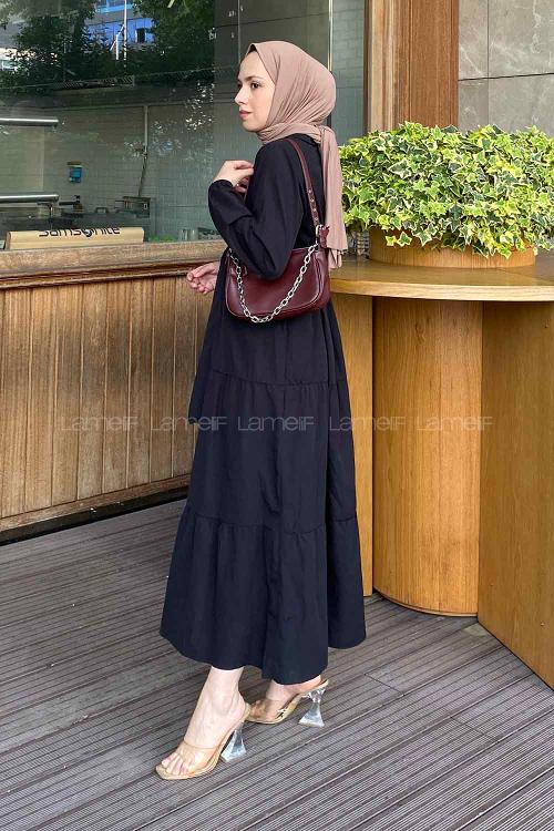 Black Medium Crew Neck Cotton Fabric Unprinted Dresess