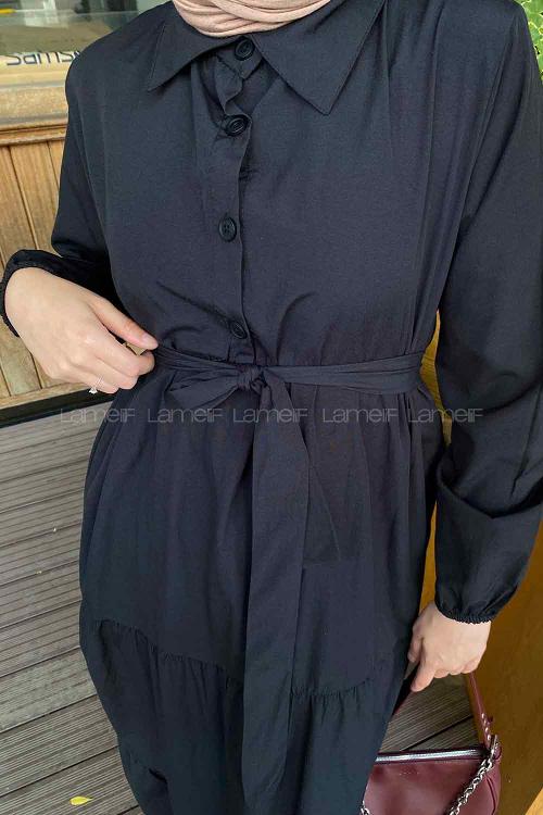 Black Medium Crew Neck Cotton Fabric Unprinted Dresess