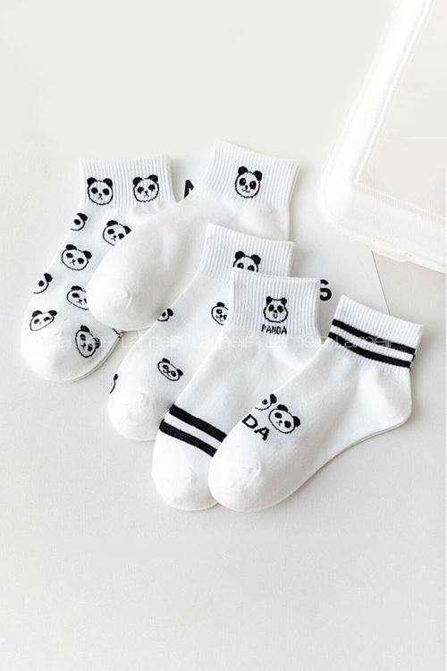 Lamelif 5 li Koton Kadın Beyaz Panda Çorap