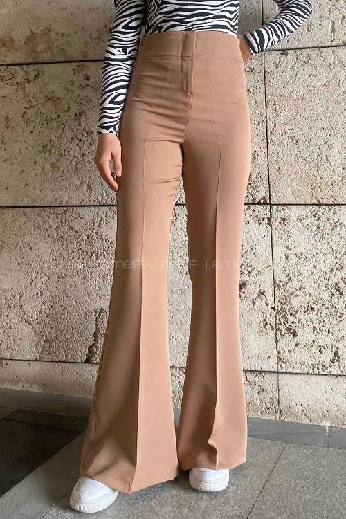 Lamelif Yüksek Bel İspanyol Paça Gizli Cep Pantolon Camel